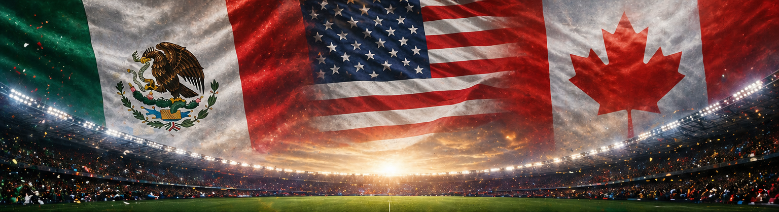 A composite shot of the USA, Canada, and Mexico national flags seamlessly blending into a football stadium landscape