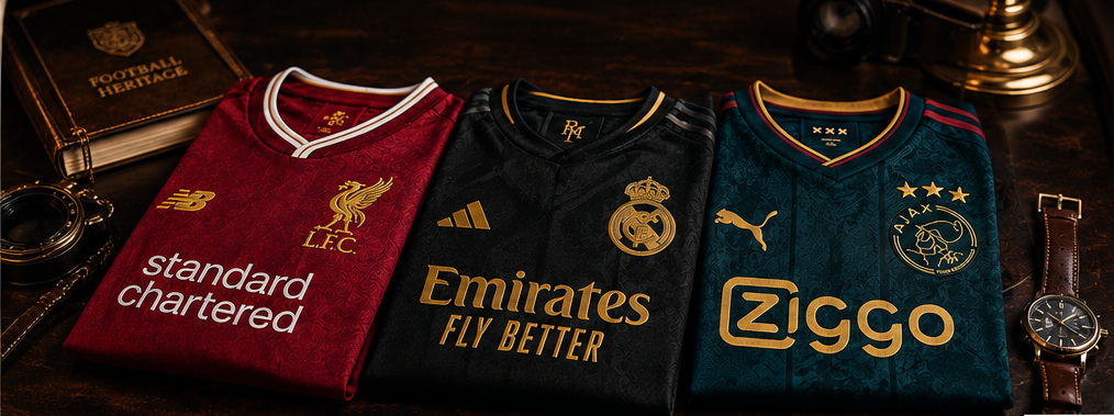 A high-end editorial shot of three folded jerseys on a dark mahogany table, accented with a vintage leather watch
