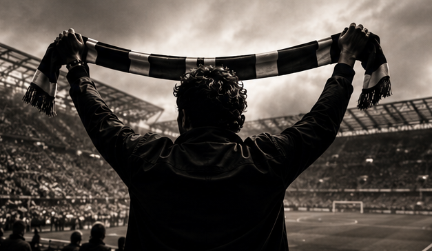 A black-and-white or sepia-toned high-contrast photo showing a passionate supporter from behind, looking out over a historic soccer stadium while holding a classic knit scarf.