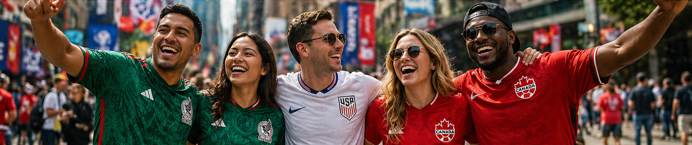 A lifestyle shot of fans wearing jerseys of the three host nations in a vibrant downtown city street