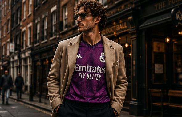 A model standing in a street setting, wearing a neutral coat over a vibrant third kit, showcasing the contrast