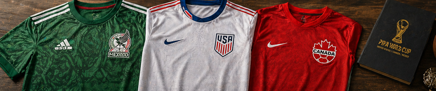 A high-end flat lay featuring a USA, Canada, and Mexico jersey side-by-side on a wooden surface, highlighting the crest textures