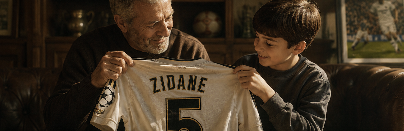 A vintage-toned photo of an older fan passing an embroidered football kit down to a younger child