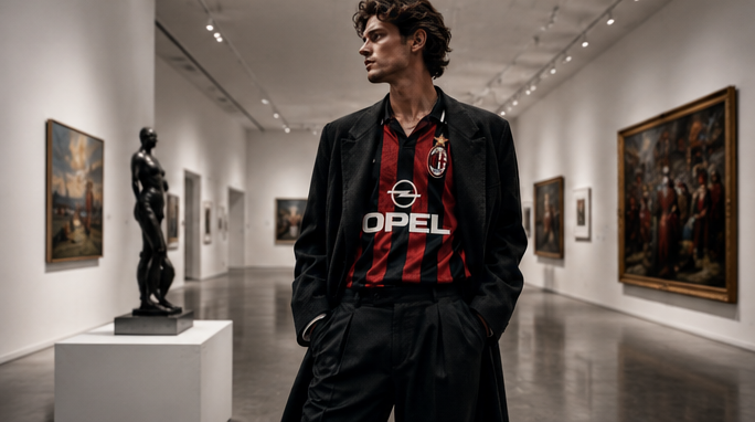A full-body fashion editorial shot featuring a model styled in a high-end tailored suit paired seamlessly with an iconic vintage striped soccer jersey, set against a minimalist white gallery wall background.