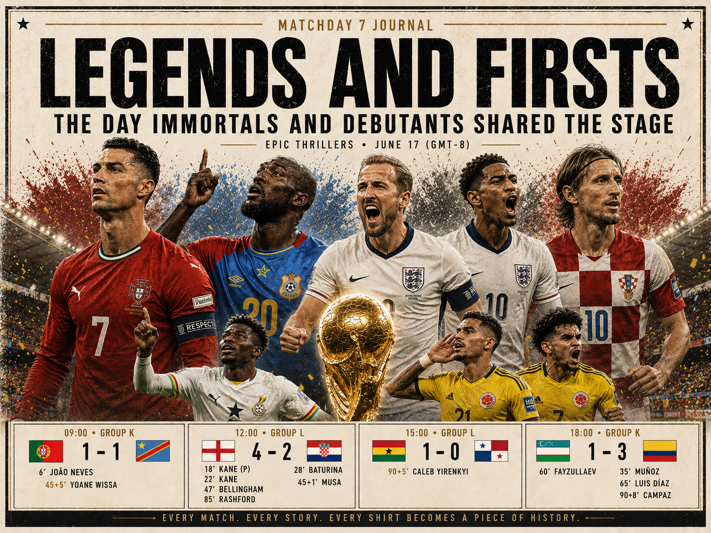 Matchday 7 Journal cover titled “Legends and Firsts”, featuring footballers from Portugal, DR Congo, England, Croatia, Ghana and Colombia around a golden World Cup trophy. Highlights June 17 results, historic first goals, dramatic draws and late winners.