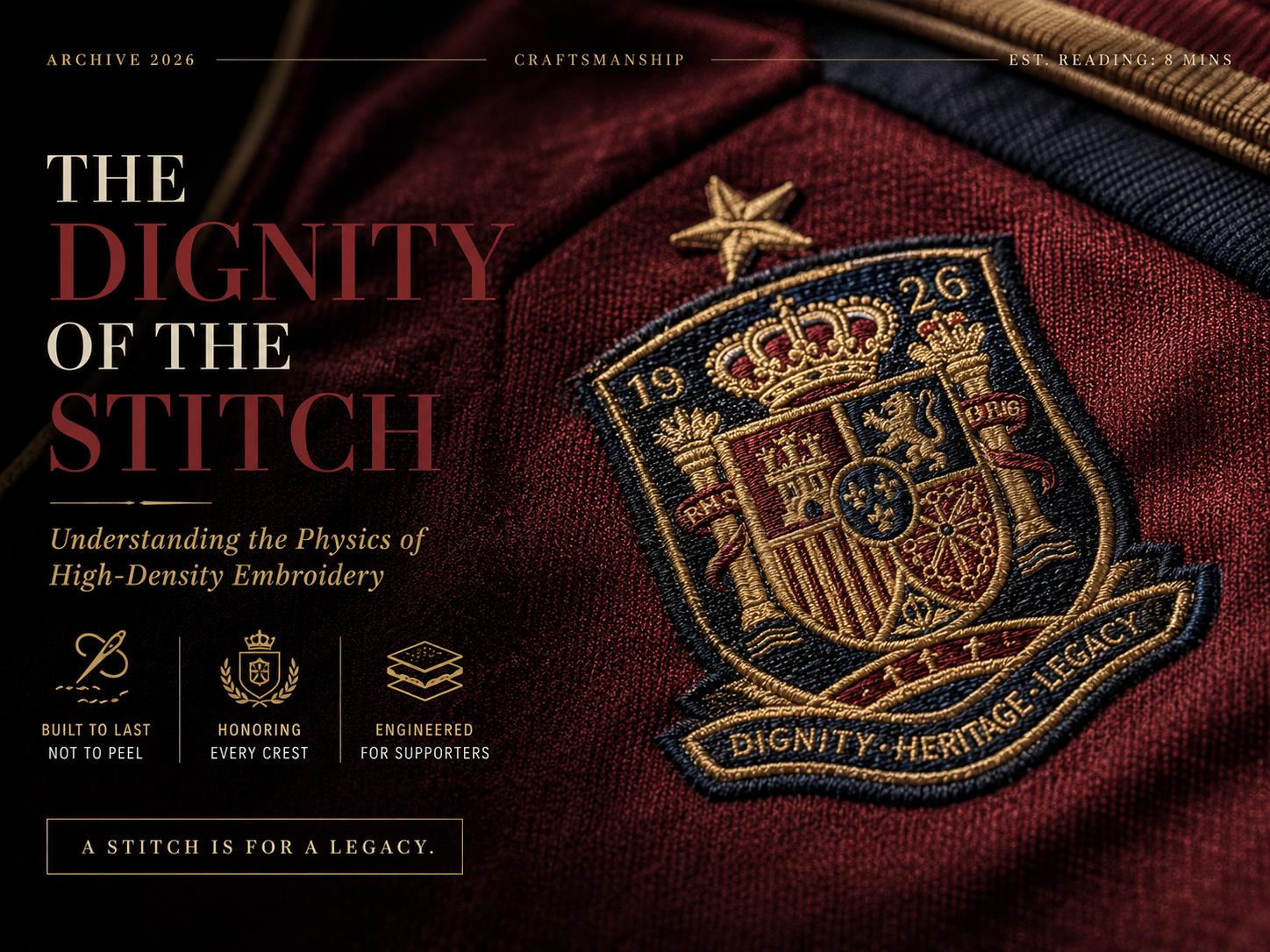 Luxury editorial close-up of high-density embroidered football crest showcasing premium stitching craftsmanship on a 2026 heritage soccer jersey