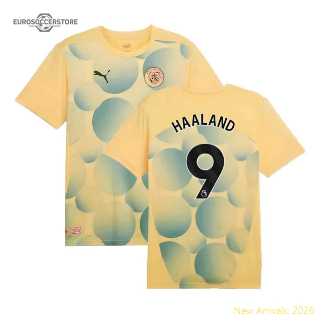 2024-2025 Man City Prematch SS Shirt (Flaxen) - Kids (Haaland 9)-The Soccer Shirt Hub