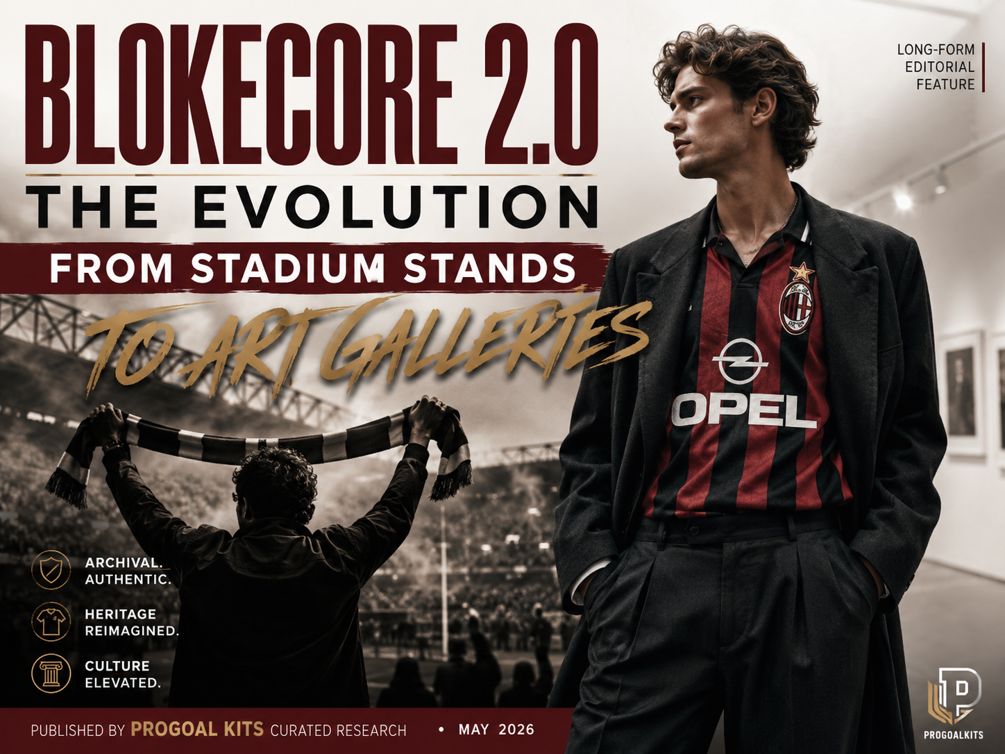 featuring a luxury fashion model wearing a vintage red-and-black football jersey inside a modern art gallery, contrasted with a passionate stadium supporter holding a scarf, symbolizing the evolution of soccer culture 