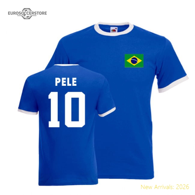 Pele Brazil Ringer Tee (blue)-The Soccer Shirt Hub