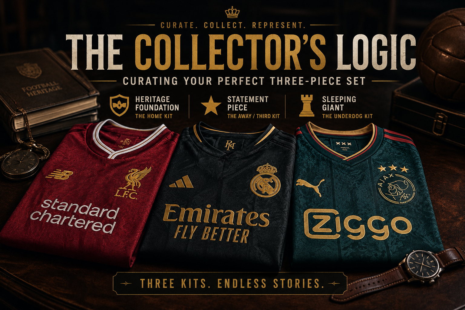 Luxury football jersey capsule collection featuring three folded premium kits on a dark wooden table with vintage accessories, highlighting collector culture, embroidered football crests, heritage aesthetics, and curated 2026 football fashion style