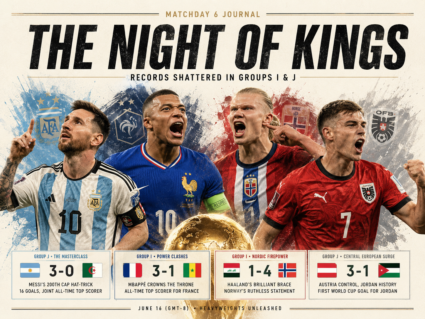 Matchday 6 Journal cover featuring football legends from Argentina, France, Norway, and Austria celebrating record-breaking performances during the 2026 World Cup group stage, styled as a premium vintage sports magazine poster.