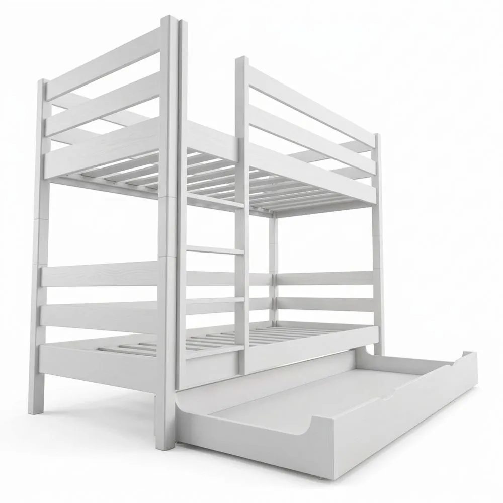 Cama Alta con Nido 80 x 200 cm, Madera Maciza, Convertible en Dos Camas Individuales, Incluye Somieres, Blanca