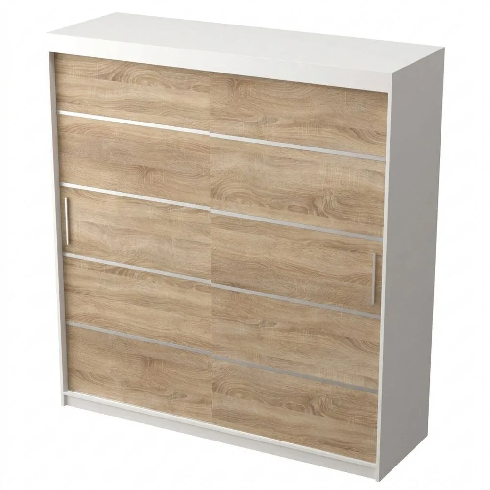 Armario Puertas Correderas 180cm con Barra y Estante (Blanco Mate + Roble Sonoma)