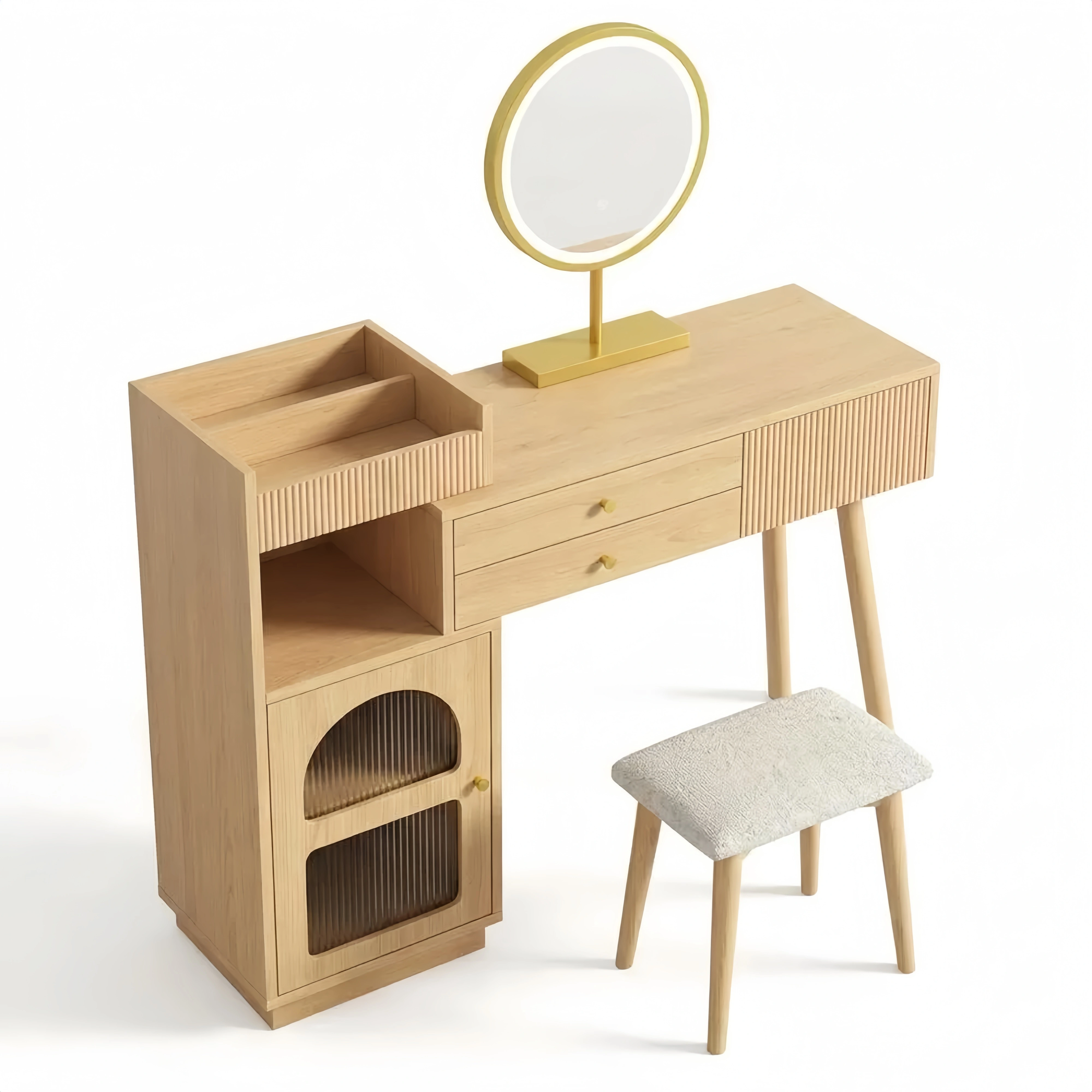 Tocador con Espejo LED y Luces Ajustables, Mesa de Maquillaje de Madera para Dormitorio