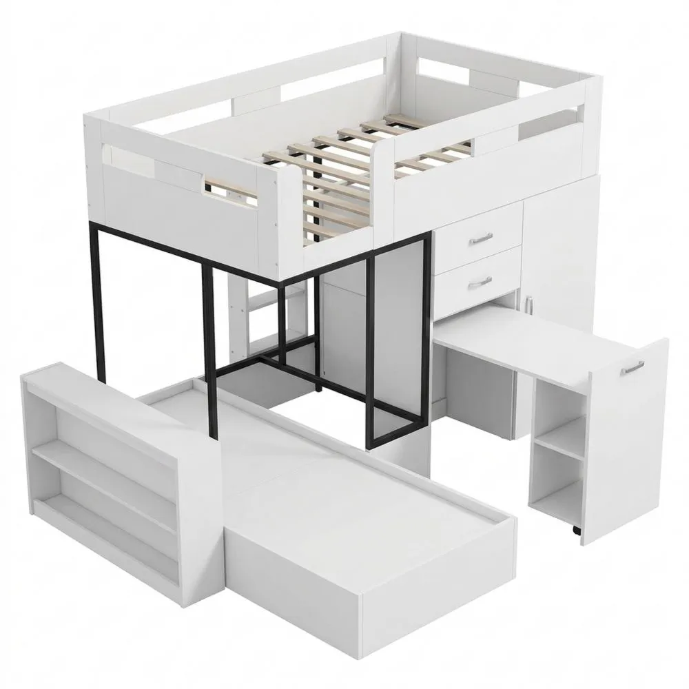Cama Litera Infantil con Escritorio Extensible y Armario, con Cajones y Estantes, 90 x 200 cm, Blanco