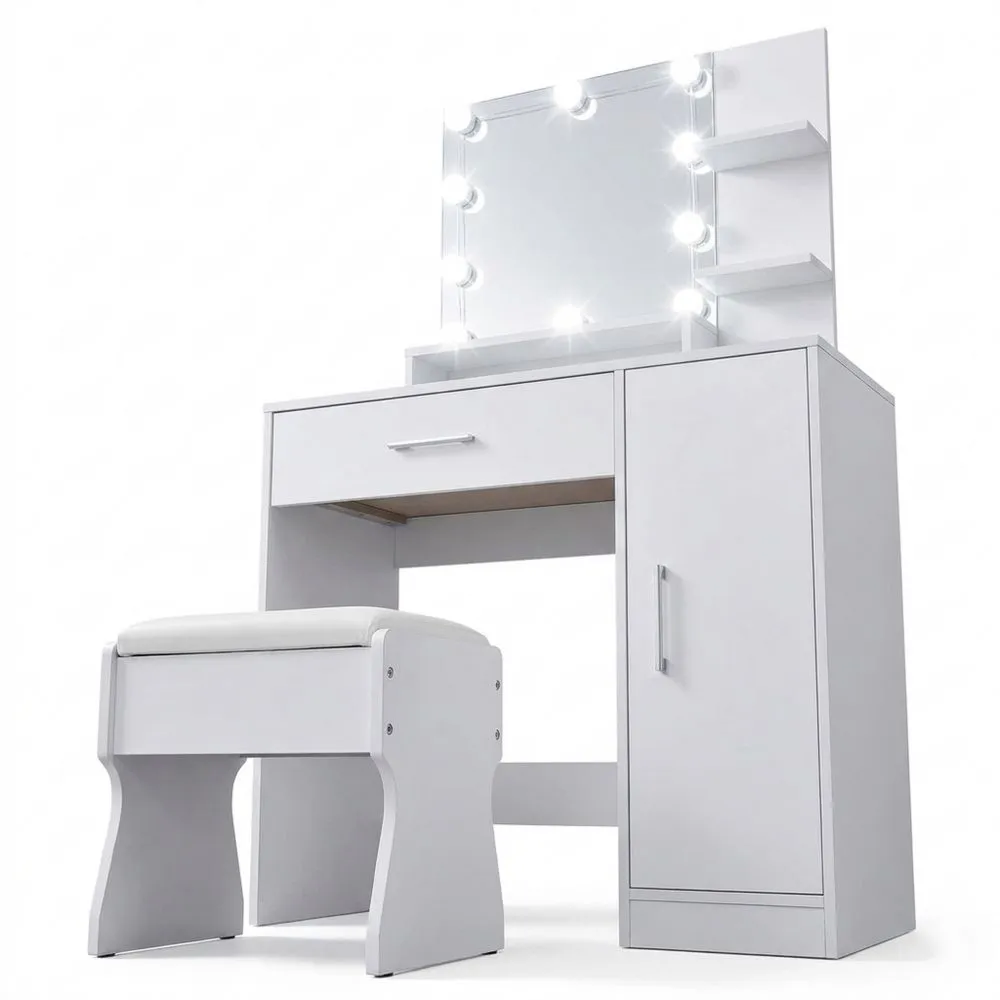 Tocador Blanco con Espejo y Luz LED, Cajones y Compartimentos, 137 x 90 x 38 cm, Mueble Moderno para Maquillaje