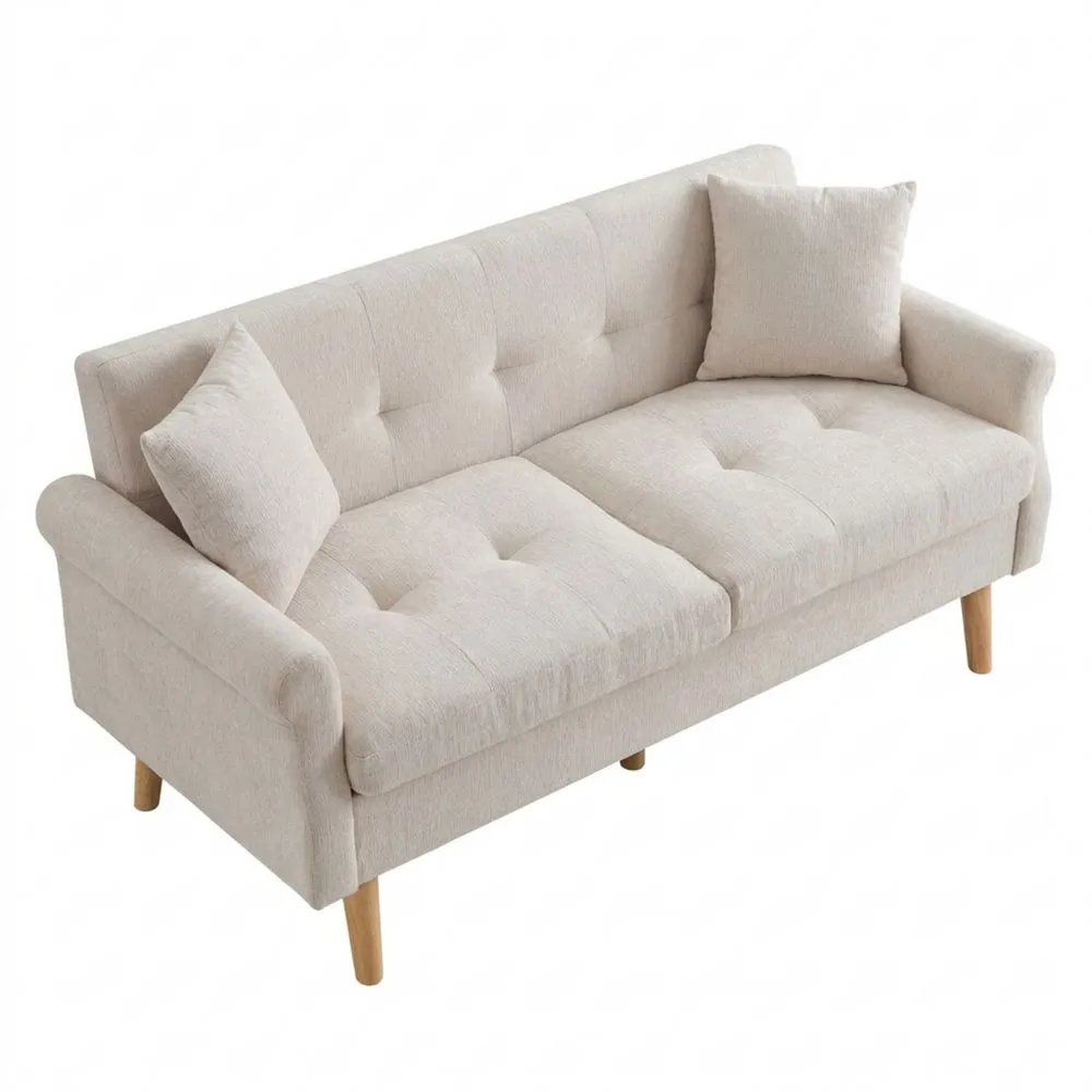 Sofá Dos Plazas en Tela Chenilla con Cojines Gruesos para Sala o Dormitorio (Beige)