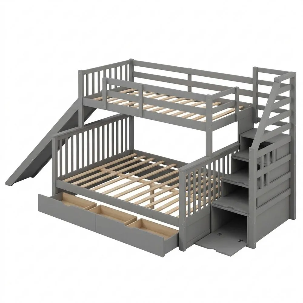 Cama litera con cajones, espacio de almacenamiento y tobogán, multifuncional 90 x 200 cm sobre 140 x 200 cm (gris)