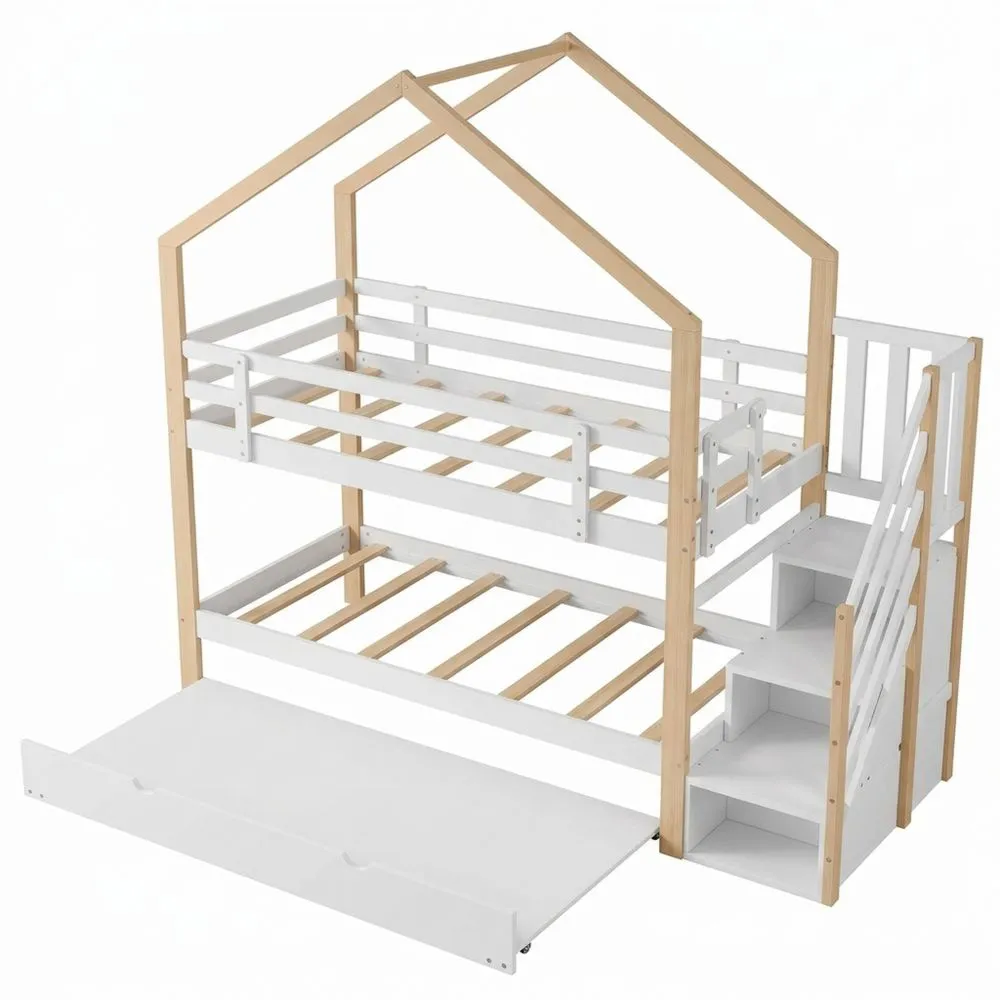 Cama litera de 90 x 200 cm con cama nido de 90 x 190 cm, cama infantil con escalera de almacenamiento y protección contra caídas, camas de madera para 3 personas, natural + blanco