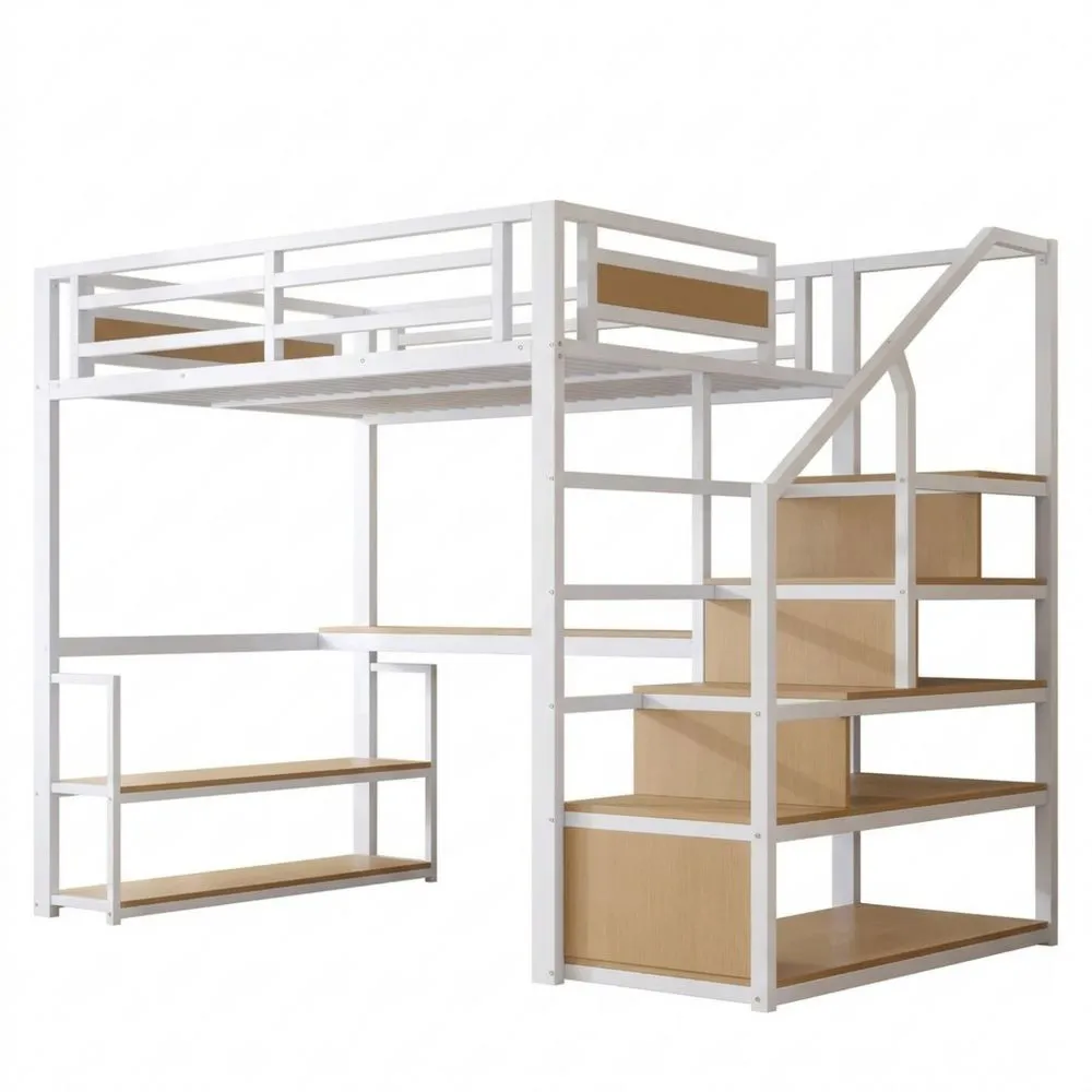 Cama Alta 140x200 cm con Escritorio y Escalera, Litera con Estantes y Espacio de Almacenamiento, Estructura con Protección Anticaídas, Blanca