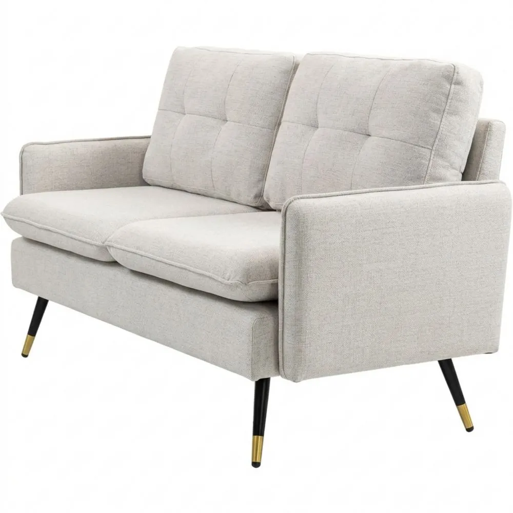 Sofá de Dos Plazas Tapizado en Lino con Cojines y Patas de Acero, Crema