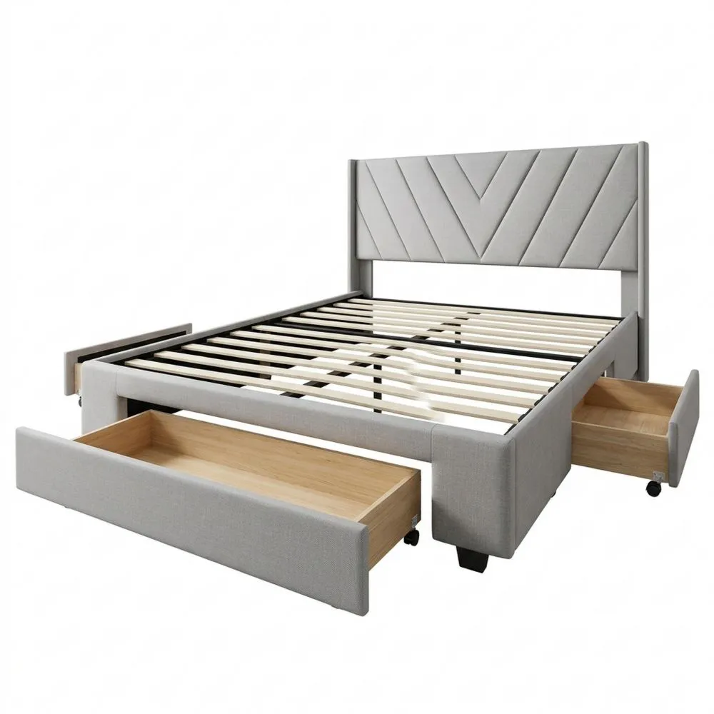 Cama Doble Beige de Lino con 3 Cajones y Base de Listones