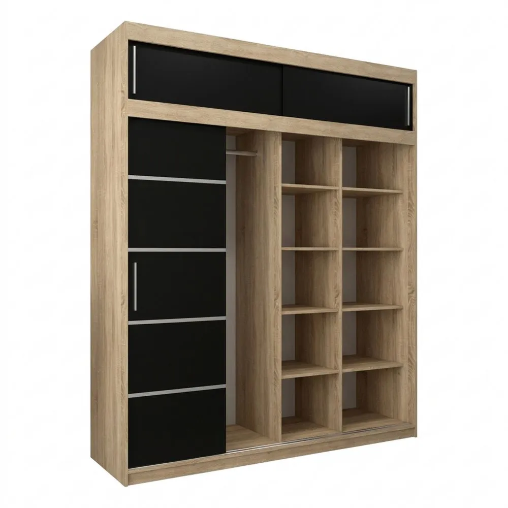 Armario de Dormitorio con Puerta Corredera y Estante en Roble Sonoma y Negro Mate