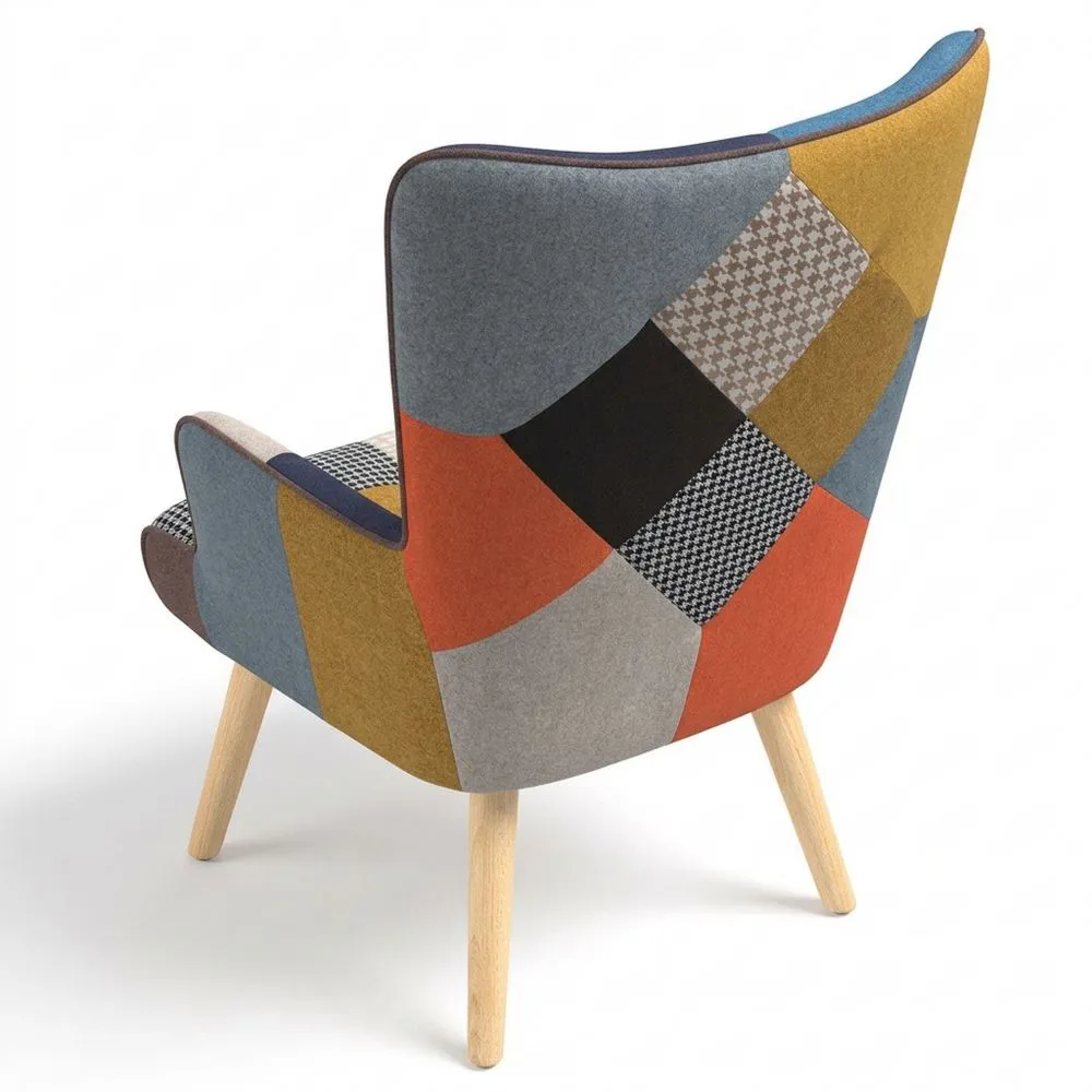 Sillón escandinavo en patchwork multicolor y estampado de pata de gallo