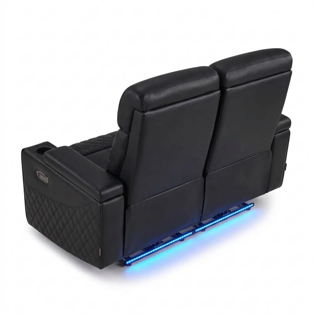 Sofá relajante de 2 plazas con función de cama y reposacabezas ajustable, puertos USB y Type-C, almacenamiento en reposabrazos, luz LED