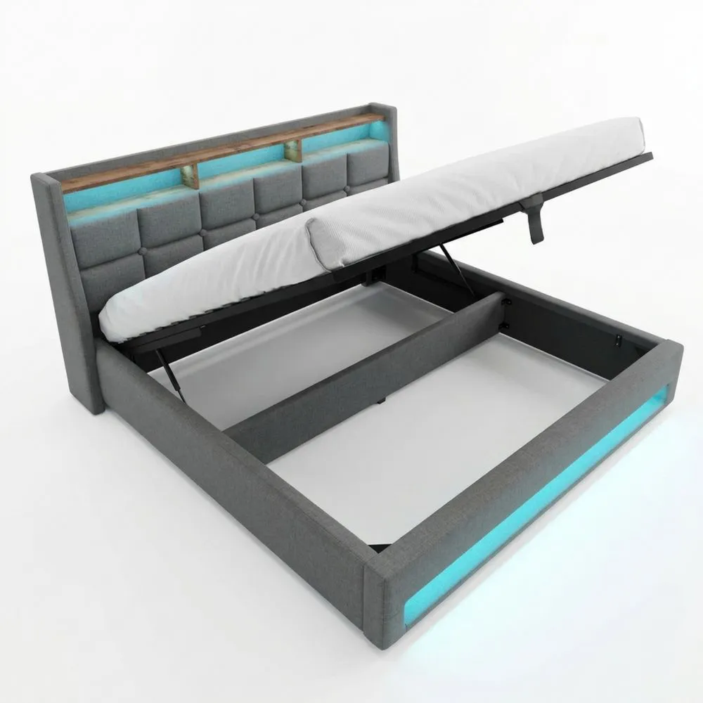 Cama doble 180x200 cm con almacenamiento y estantería abierta, tapizada con USB y LED, estructura metálica, gris