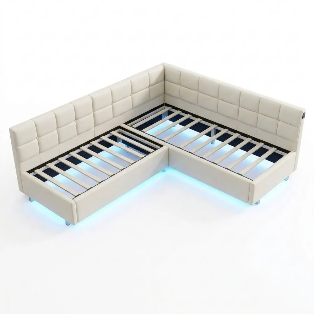 Cama Individual 90x200 cm con Espacio de Almacenamiento, Tapizada con LED/USB, Somier y Cabecero