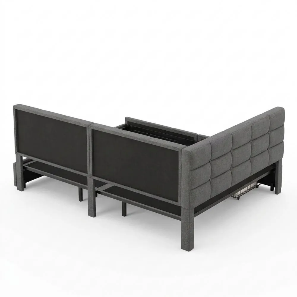 Cama Individual Tapizada con LED y USB, Espacio de Almacenamiento, 90 x 200 cm, Sin Colchón (Gris)