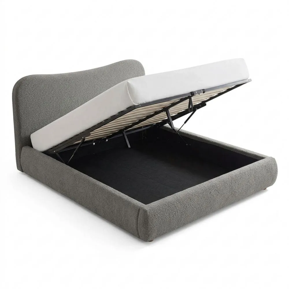 Cama de Matrimonio con Almacenamiento y Mecanismo Elevador, Tapizada en Tela de Osito, Color Gris Oscuro, Tamaño 160 x 200 cm