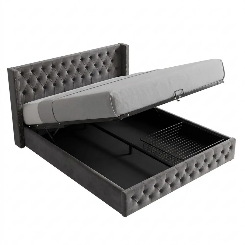 Cama Tapizada Doble con Remaches y Función Hidráulica (180 x 200 cm)