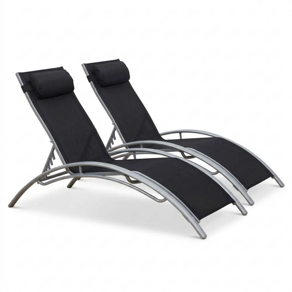 Juego de 2 tumbonas de textileno negro para exterior, multiposición