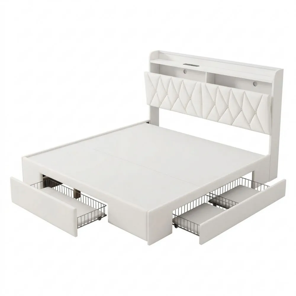 Cama de 160x200cm con LED y USB, Base con Cajones y Cabecero con Almacenamiento