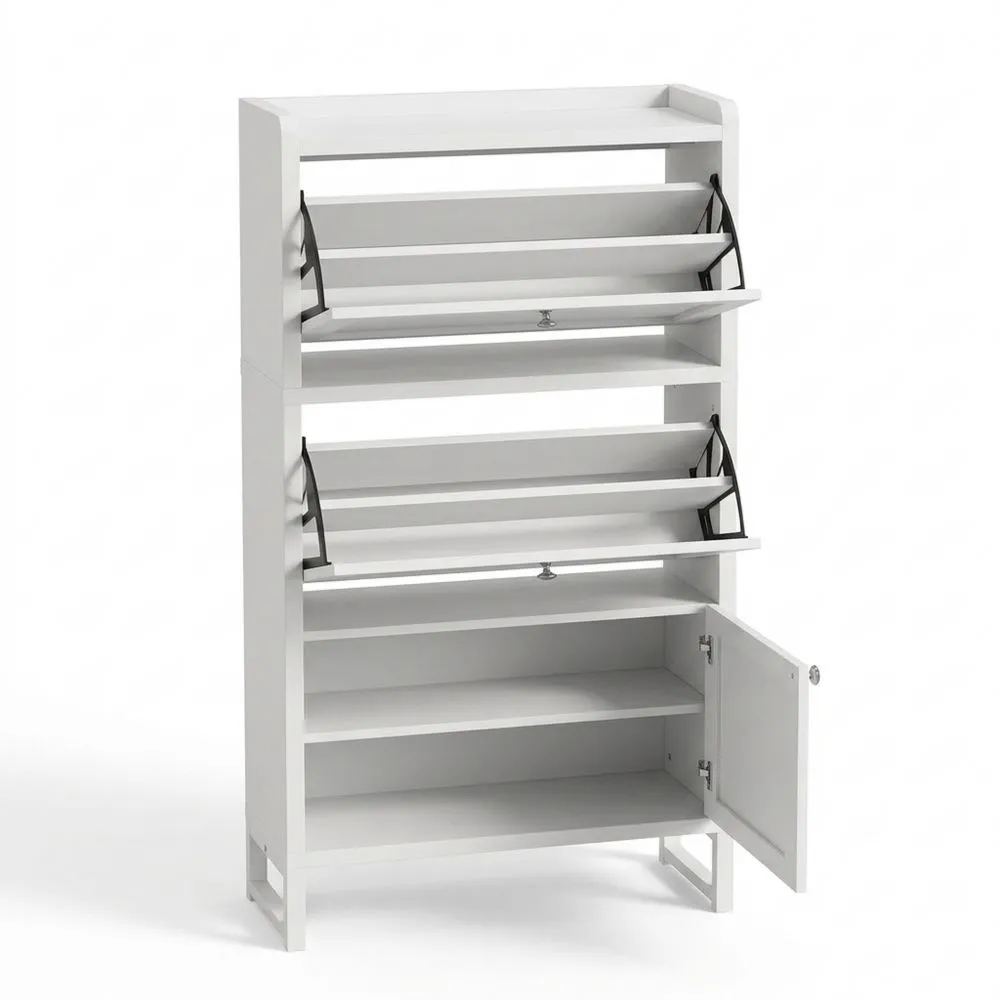 Zapatero Estrecho Blanco con 3 Puertas Abatibles y Perchero, 5 Ganchos, 60 x 25 x 130 cm, Zapatero Ajustable para Pasillo o Sala de Estar, Adecuado para Tacones Altos