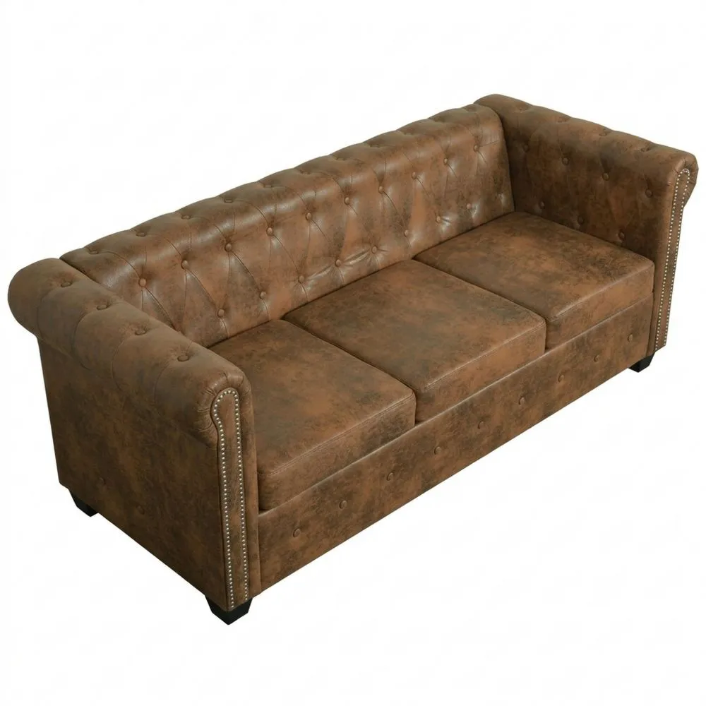 Sofá de Estilo Clásico de 3 Plazas en Cuero Sintético Marrón
