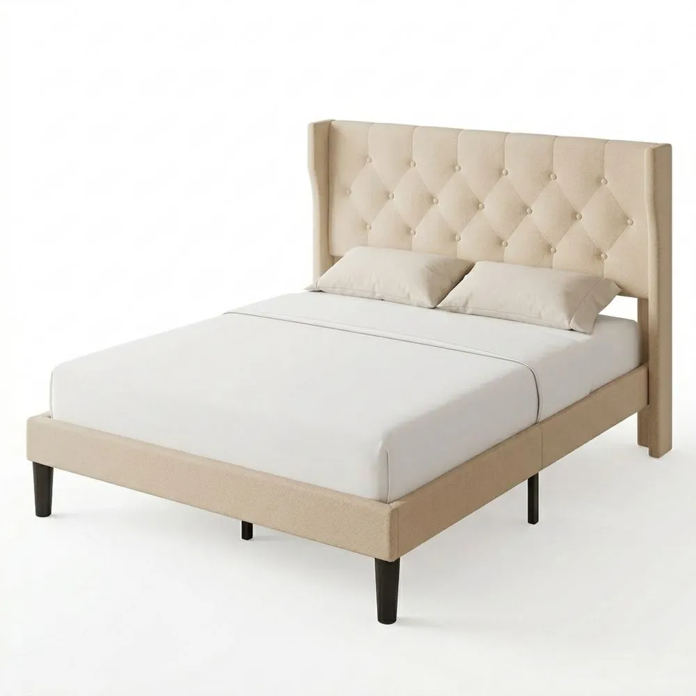 Cama Tapizada 140 x 200 cm con Cabecero Acolchado y Base de Lamas, Cama Doble Estable con Almacenamiento, Fácil Montaje