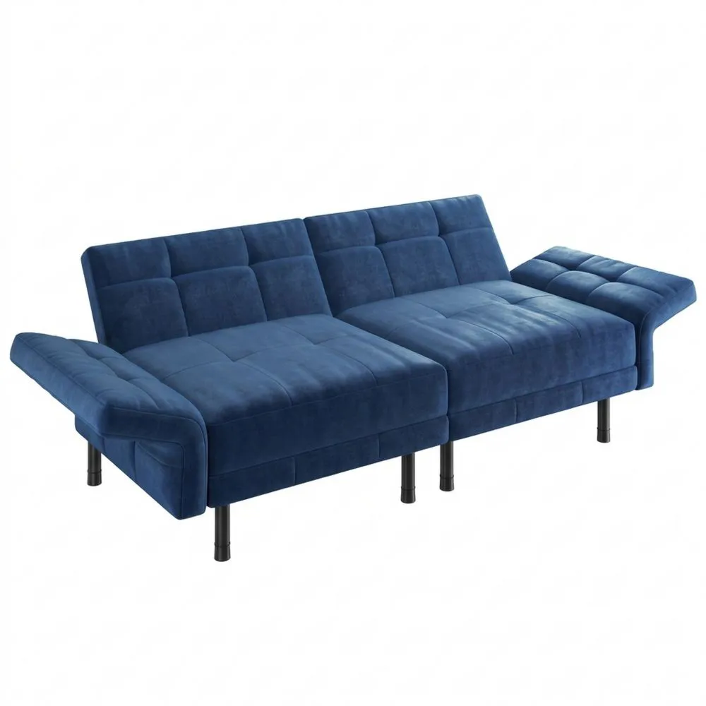 Sofá Cama de Terciopelo para 2 Personas, Ajustable y Convertible, con 4 Cojines, Azul