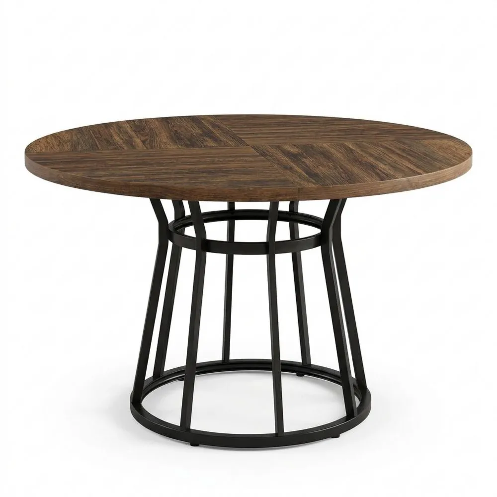 Mesa de Comedor Redonda 120 cm Madera y Base Metálica para 4 Personas