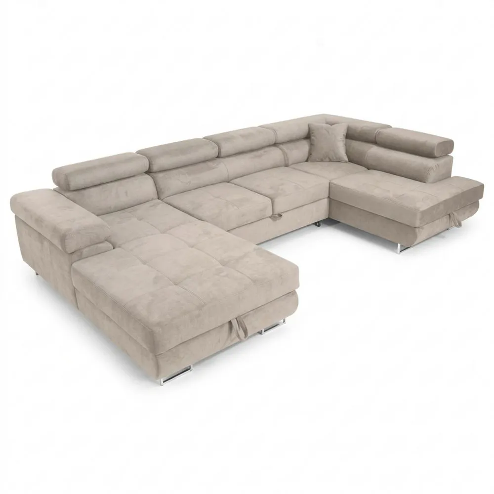 Sofá Esquinero en U con Cama, 7-8 Plazas, Lado Derecho, Beige