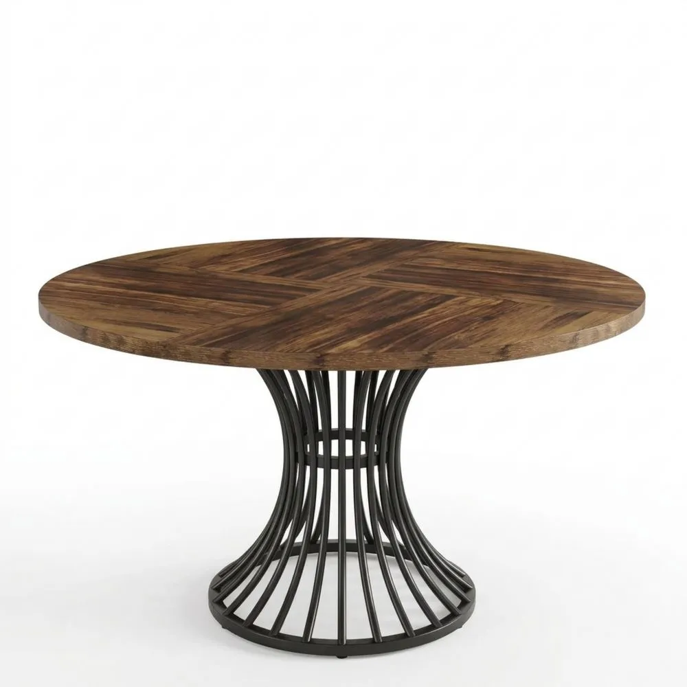 Mesa de comedor redonda para 4-6 personas, 120 cm, industrial con base de metal para cocina, salón, negro y marrón
