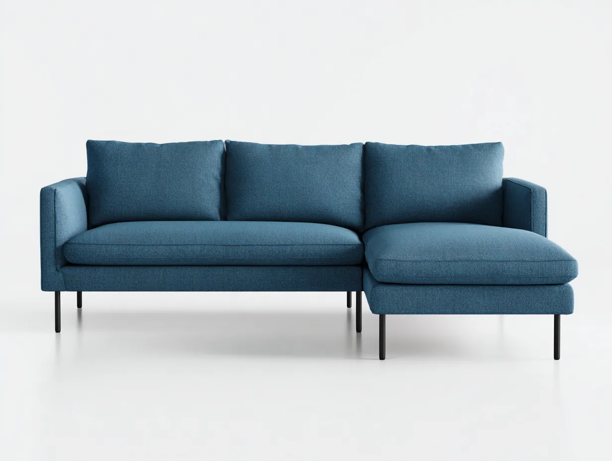 Divano angolare in tessuto 226 x 89 x 85 cm - blu oceano e nero - profilo essenziale con chaise longue e piedini sottili-Haviainest