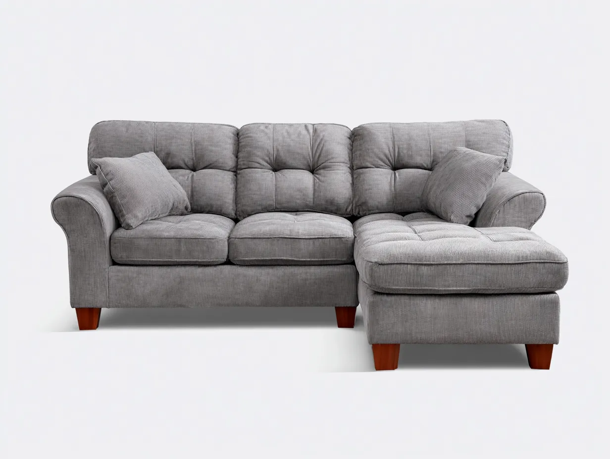 Divano angolare in tessuto vellutato 236 x 92 x 88 cm - grigio chiaro e legno noce - con chaise longue e cuscini inclusi-Haviainest