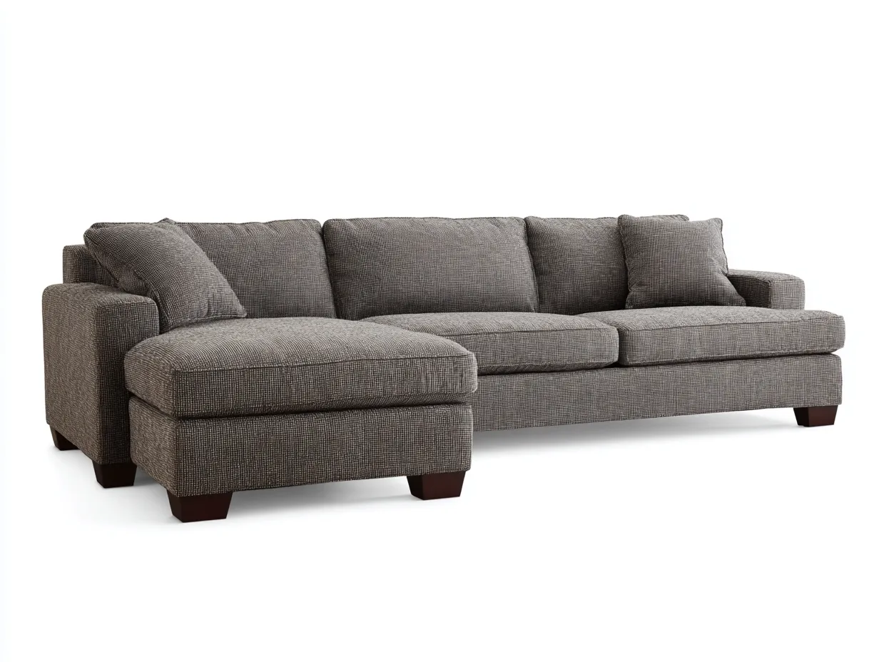 Divano angolare in tessuto strutturato 242 x 94 x 86 cm - grigio tortora e legno scuro - seduta ampia con chaise longue e cuscini inclusi-Haviainest