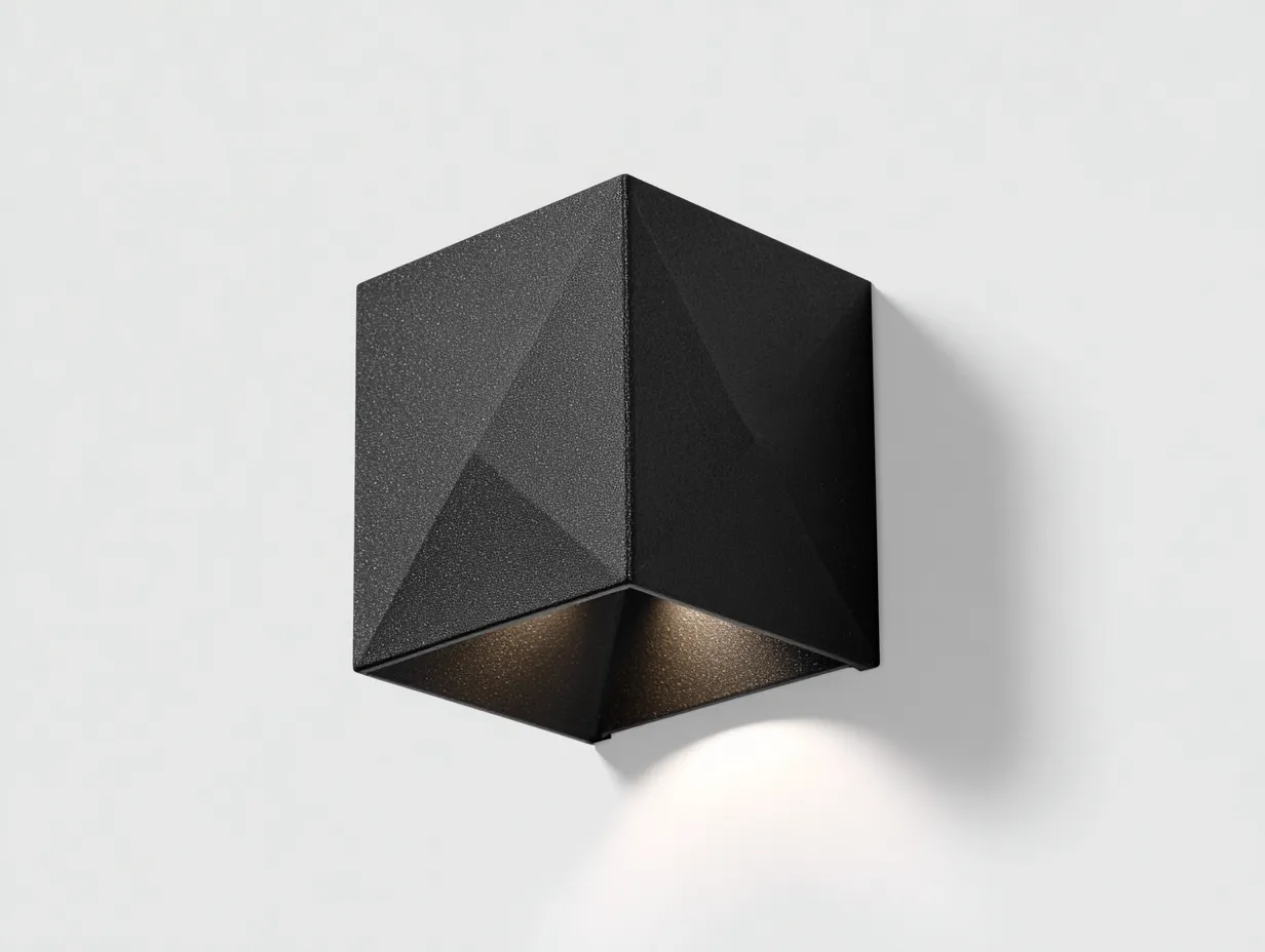 Applique geometrica da parete per esterni in metallo 18 x 11 x 12 cm - nero vulcanico - design sfaccettato con luce direzionale verso il basso-Haviainest