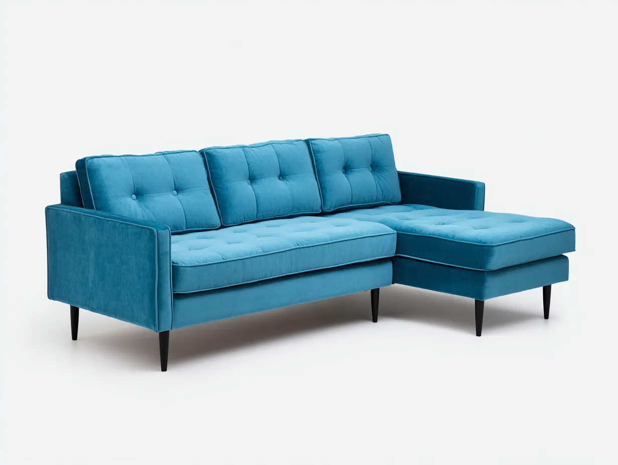 Divano angolare in tessuto vellutato 224 x 87 x 86 cm - azzurro brillante e nero - linee pulite con piedini slanciati-Haviainest