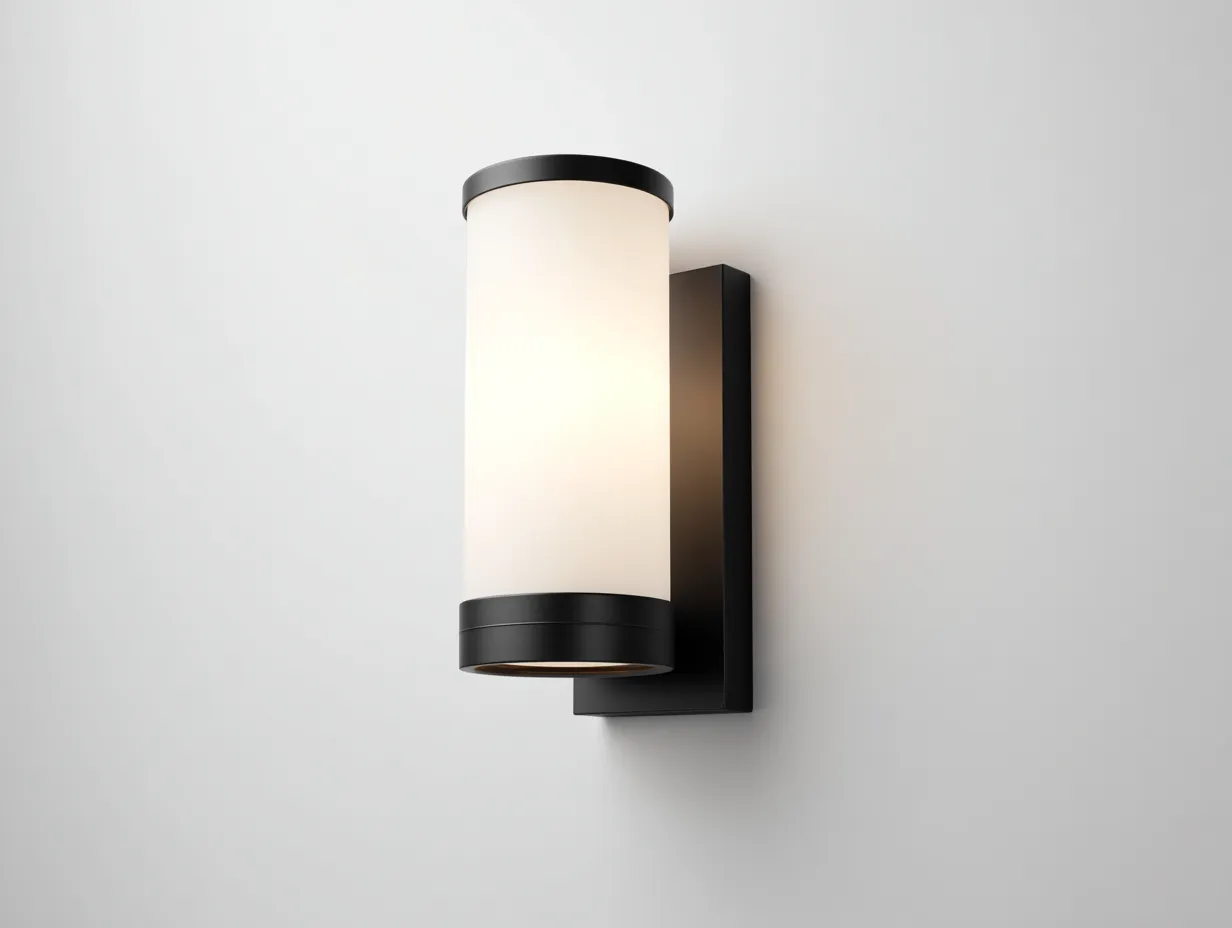 Applique verticale da parete per esterni in metallo 26 x 11 x 13 cm - nero profondo e bianco latte - diffusore cilindrico con luce morbida schermata-Haviainest