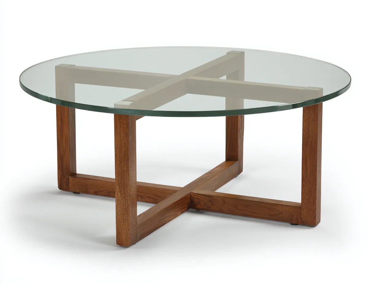 Tavolino rotondo con piano in vetro e base geometrica in legno 100 x 100 x 40 cm - noce caldo/trasparente - per soggiorno e zona conversazione - stile moderno rétro